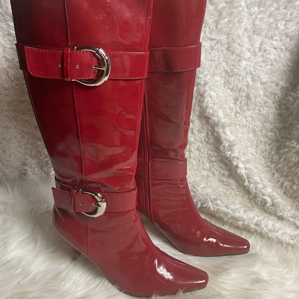 Red Patent Knee-High Buckle Boots - Women